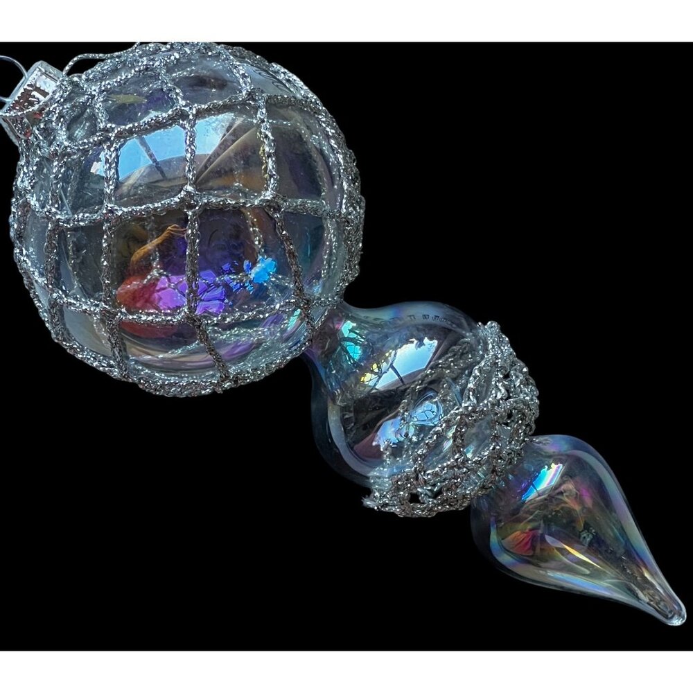 Iridescent Blown Glass Ornament With Silver Glitter Net Design 7.5”